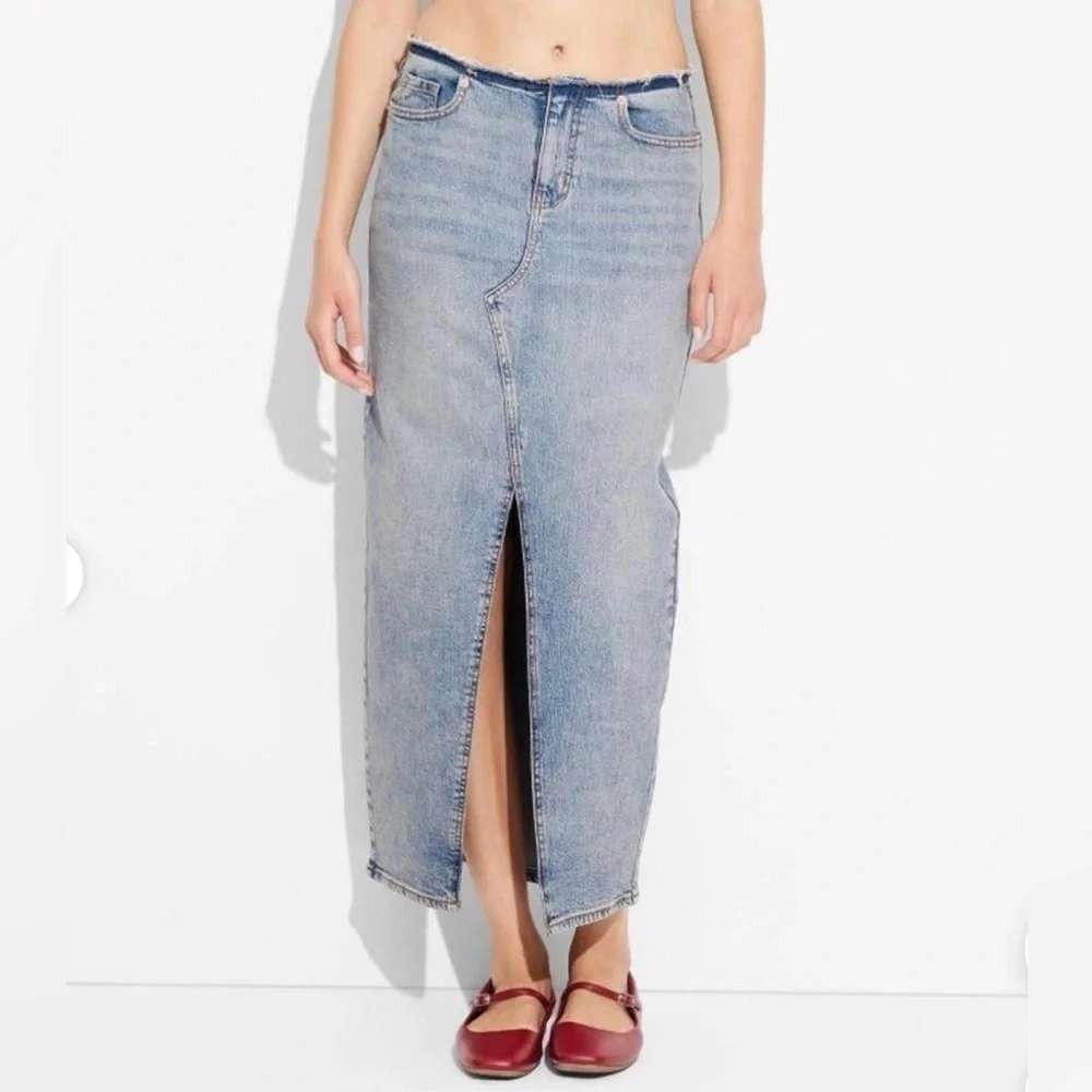 Wild Fable Denim Midi Skirt Raw Hem Low Rise Boho Grunge Casual Western Indie